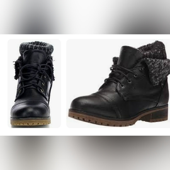 Refresh Shoes - Refresh Wynne  Black Combat Style Lace-Up Knitting Flip Over Ankle Boots Size 8